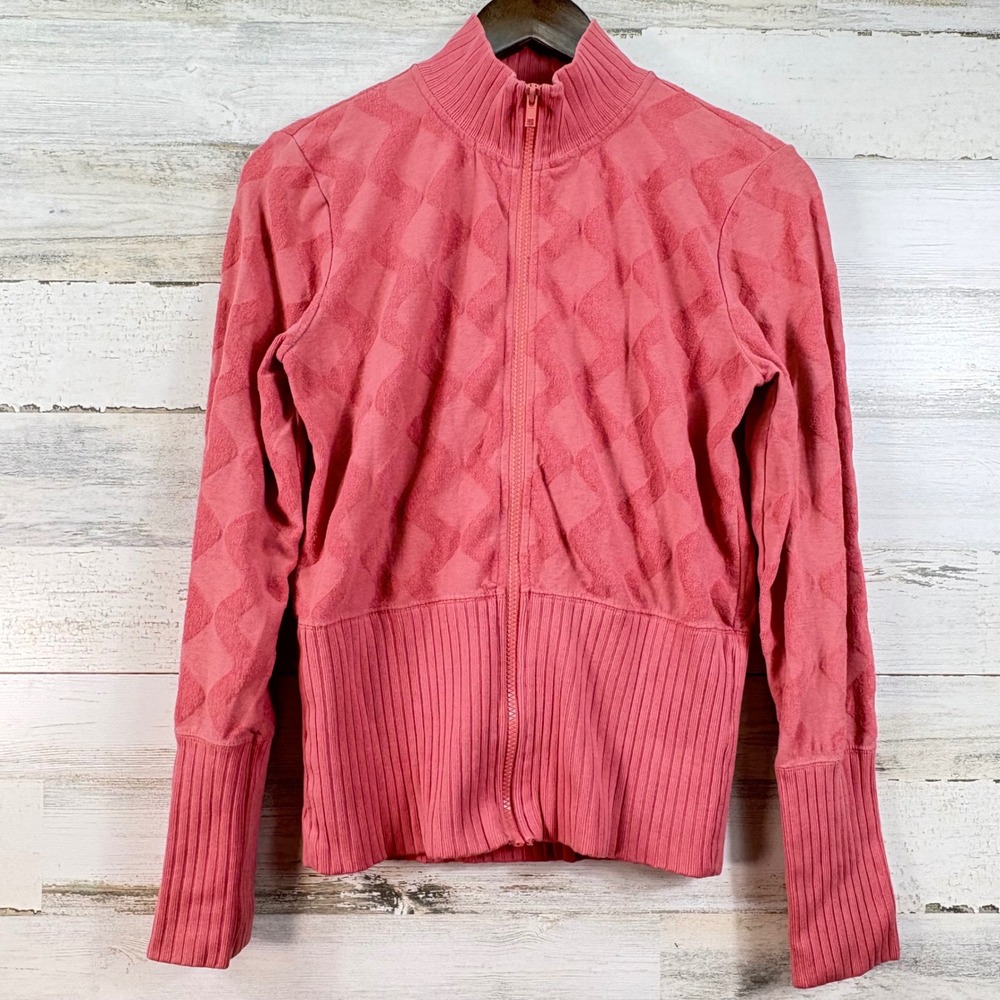 DKNY Jeans Womens Salmon Pink Textured Argyle Full Zip Track Jacket L Y2K Casual